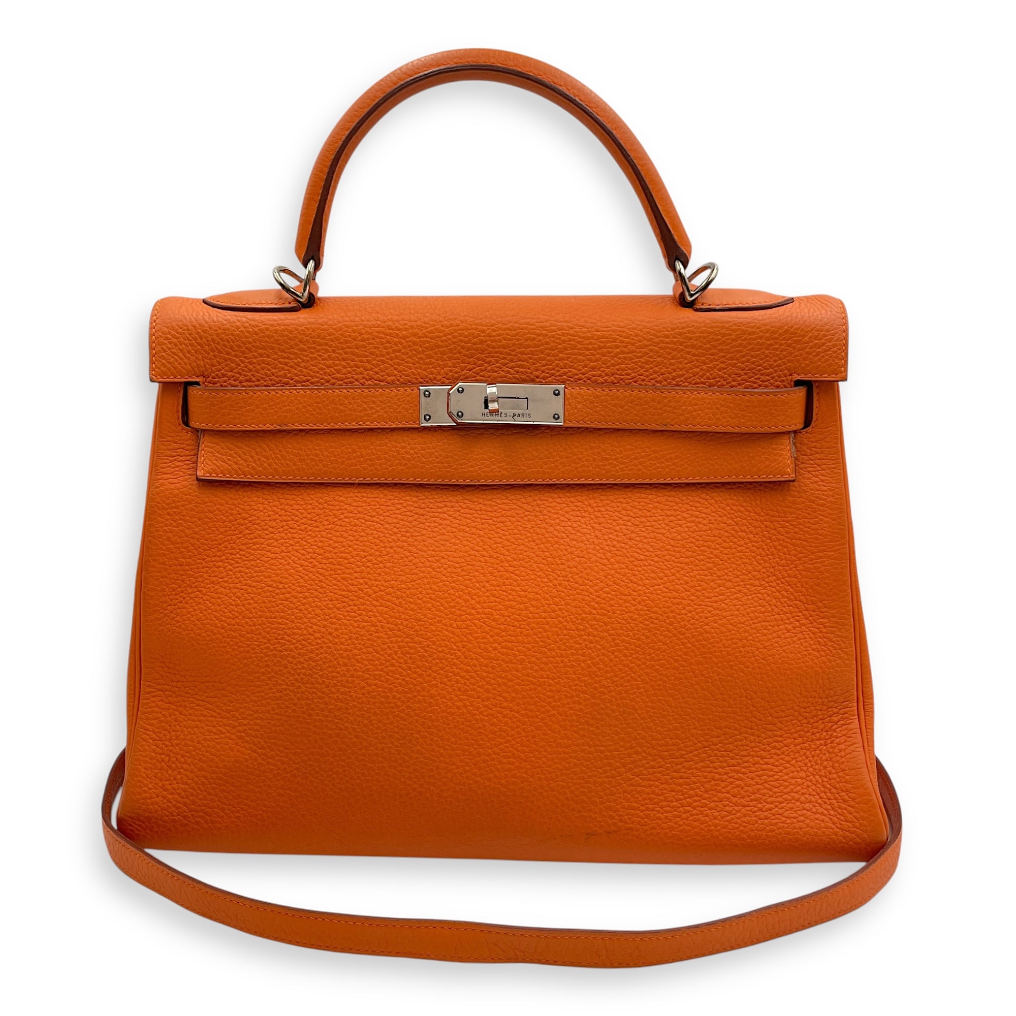 Kelly 32 Orange in Togo Palladium hardware
