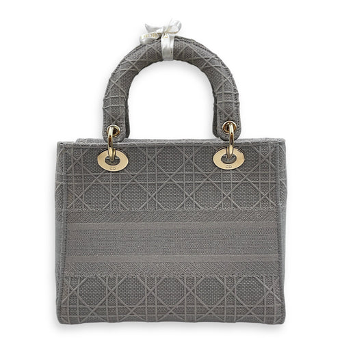 Lady Dior Medium Grey Top Handle Bag in Canvas Gold hardware CL2504-11525 2