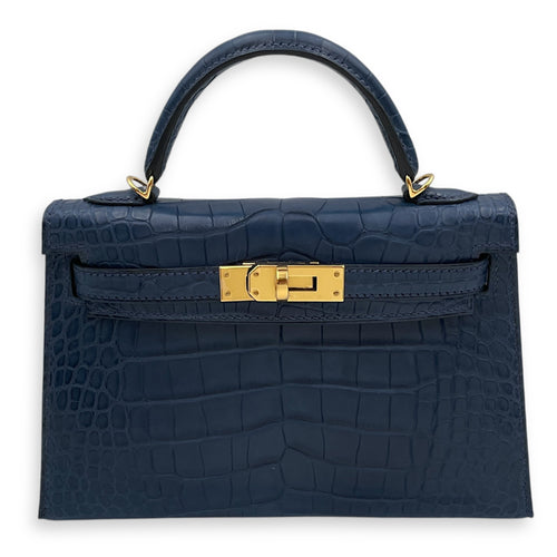 Sellier Kelly 20 Blue De Malte in Matte Alligator, Gold hardware