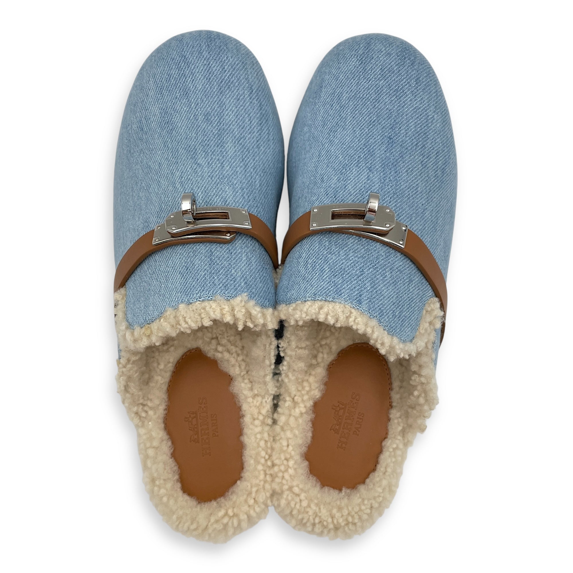 Carlotta 37 Blue Mules in Denim, Palladium hardware