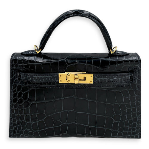 Kelly 20 Blue Marine in Shiny Alligator, Gold hardware
