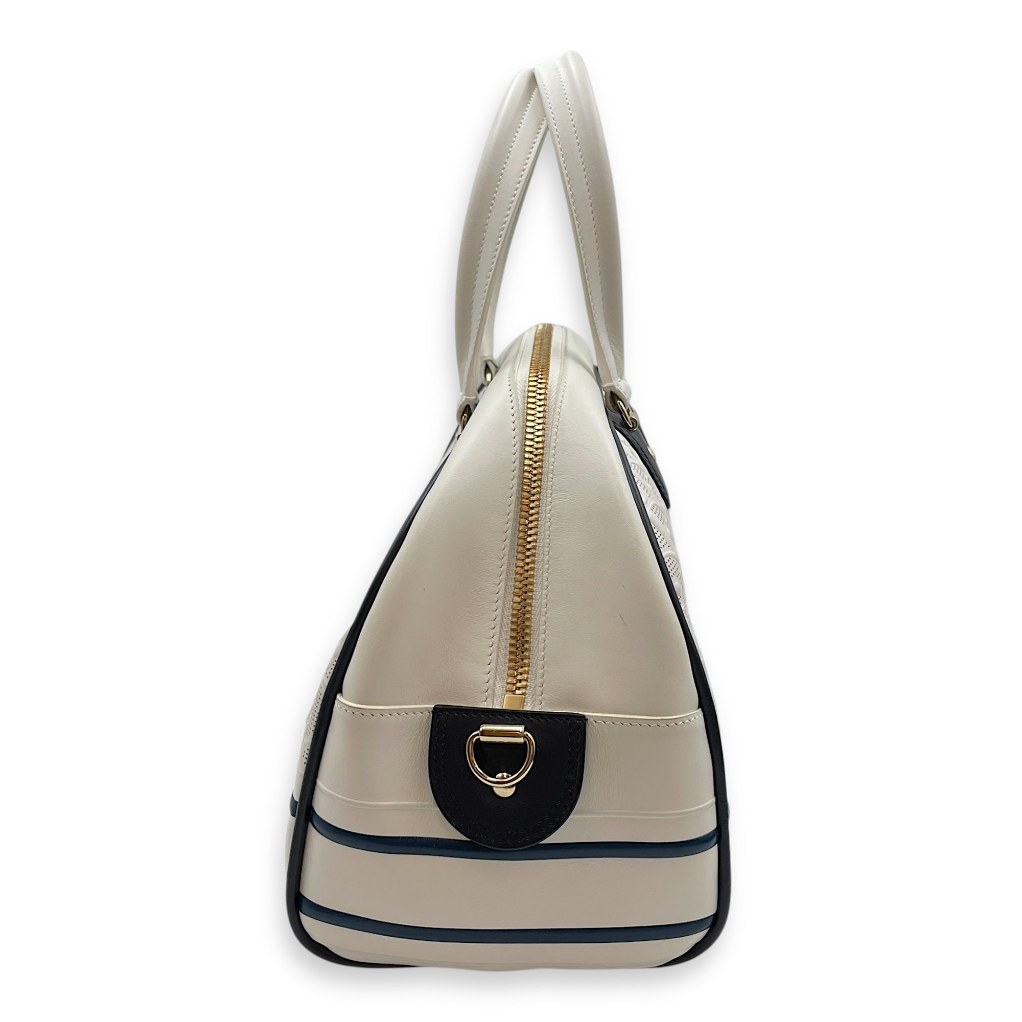 Vibe Zip Perforated White/Blue Shoulder Bag in Calfskin, Gold hardware
