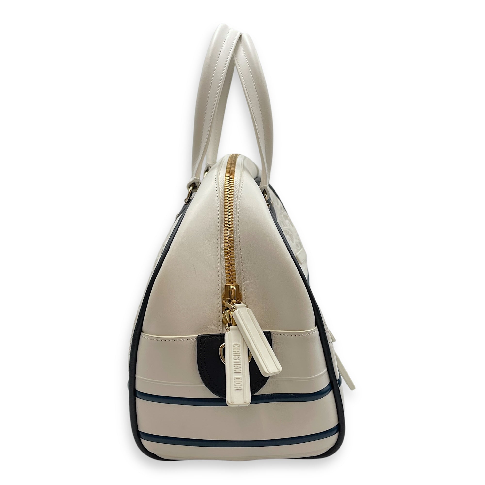 Vibe Zip Perforated White/Blue Shoulder Bag in Calfskin, Gold hardware