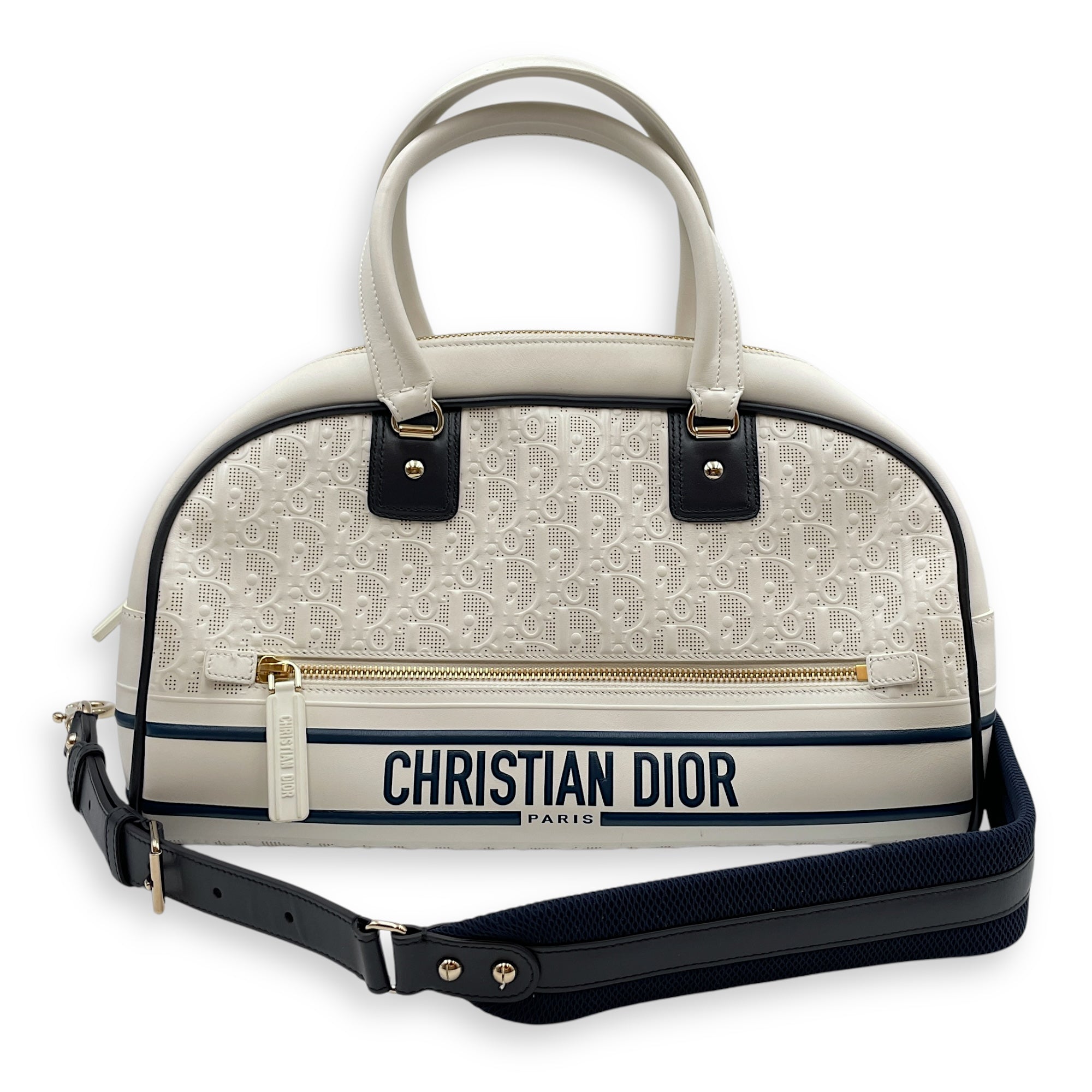 Vibe Zip Perforated White/Blue Shoulder Bag in Calfskin, Gold hardware