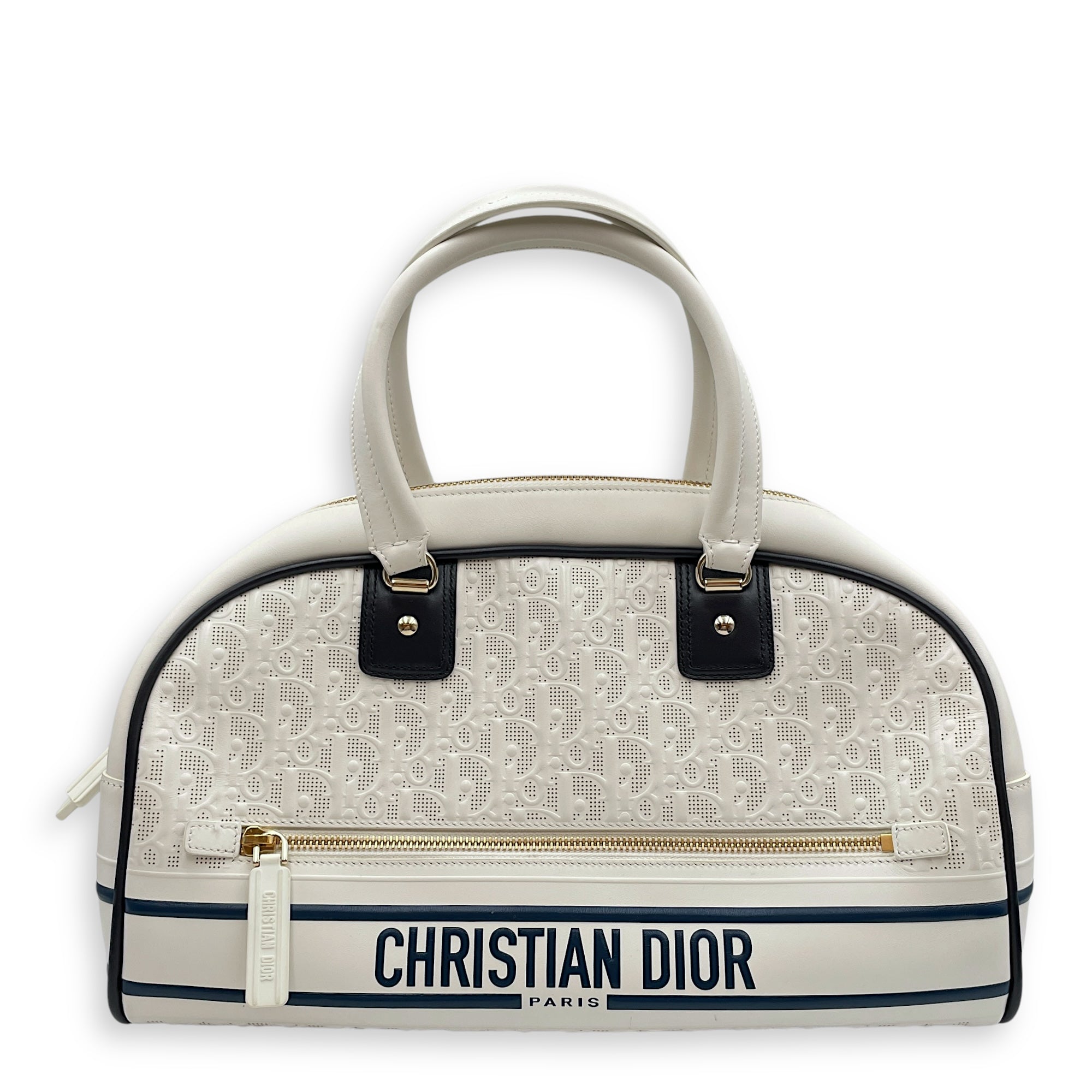 Vibe Zip Perforated White/Blue Shoulder Bag in Calfskin, Gold hardware