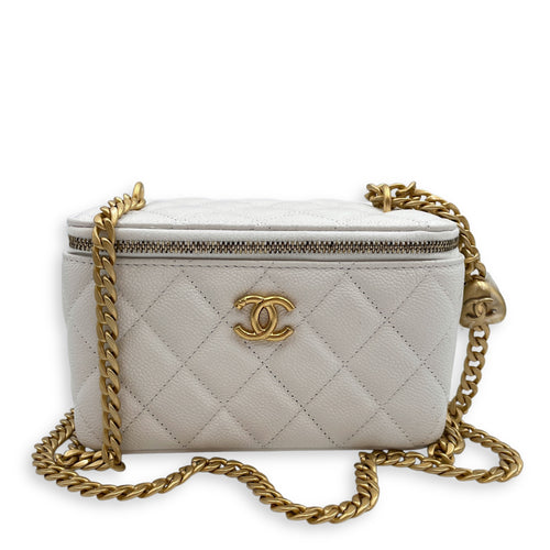 Sweet Heart White Vanity Bag in Caviar Leather, Gold hardware