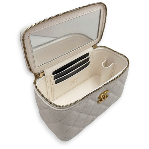 Sweet Heart White Vanity Bag in Caviar Leather, Gold hardware