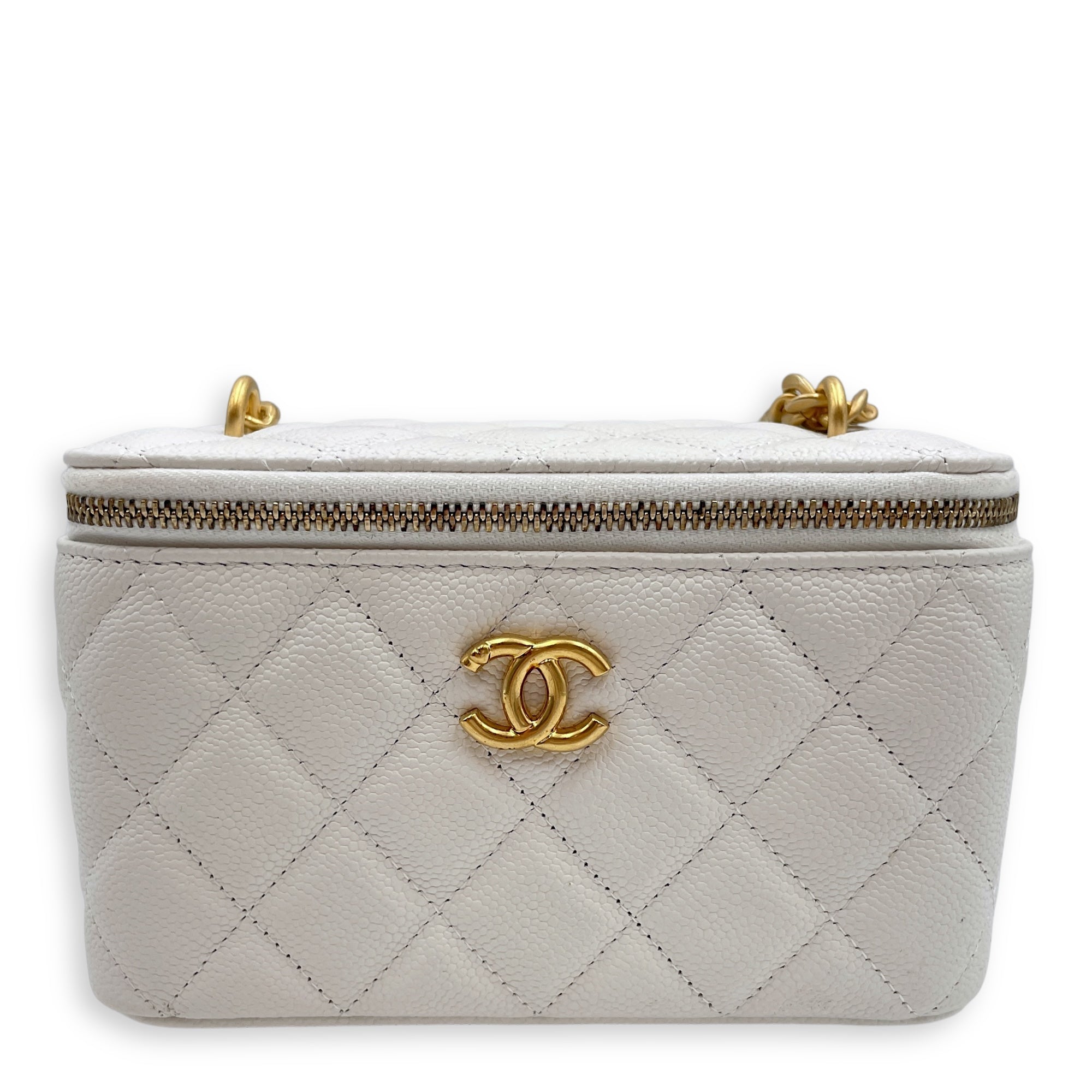 Sweet Heart White Vanity Bag in Caviar Leather, Gold hardware
