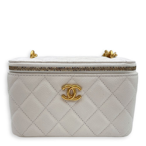 Sweet Heart White Vanity Bag in Caviar Leather, Gold hardware