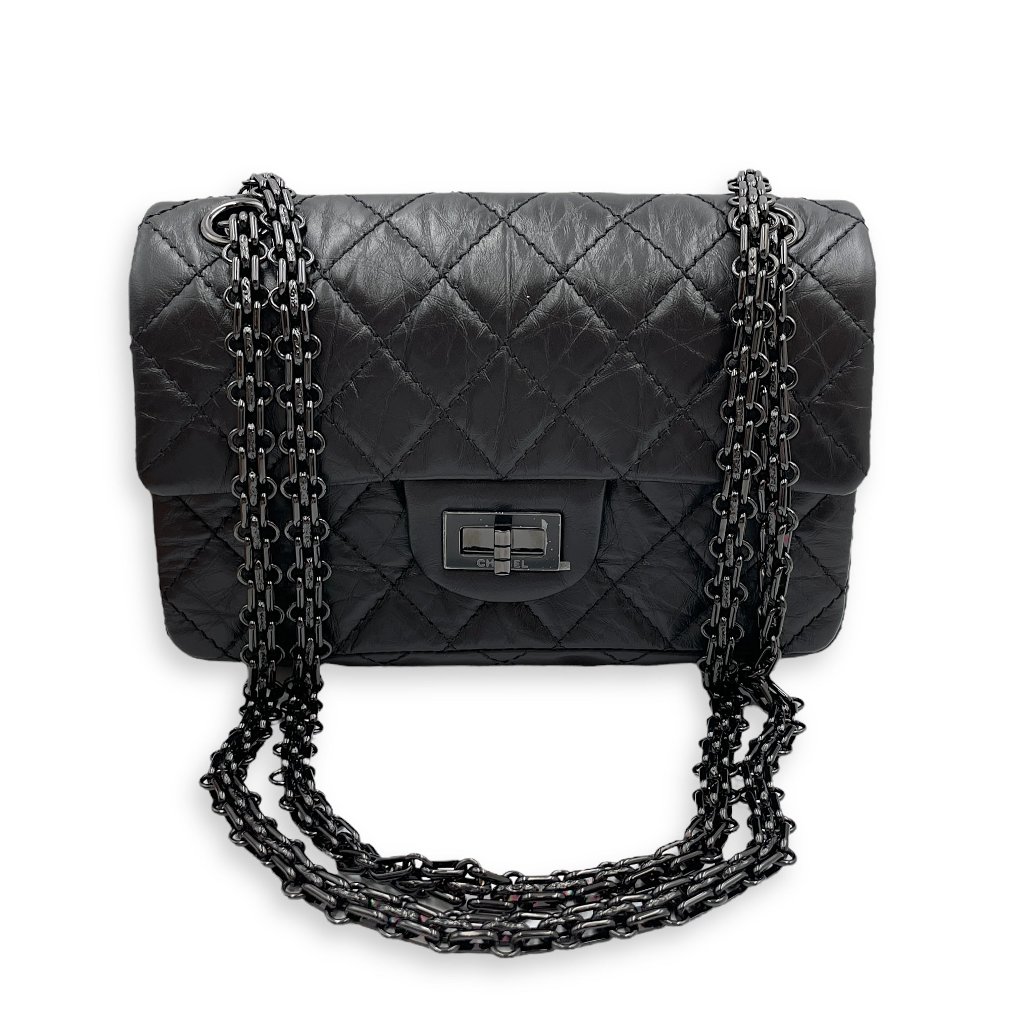 Classic Reissue 2.55 Mini SoBlack Shoulder Bag in Distressed Leather, Gunmetal hardware