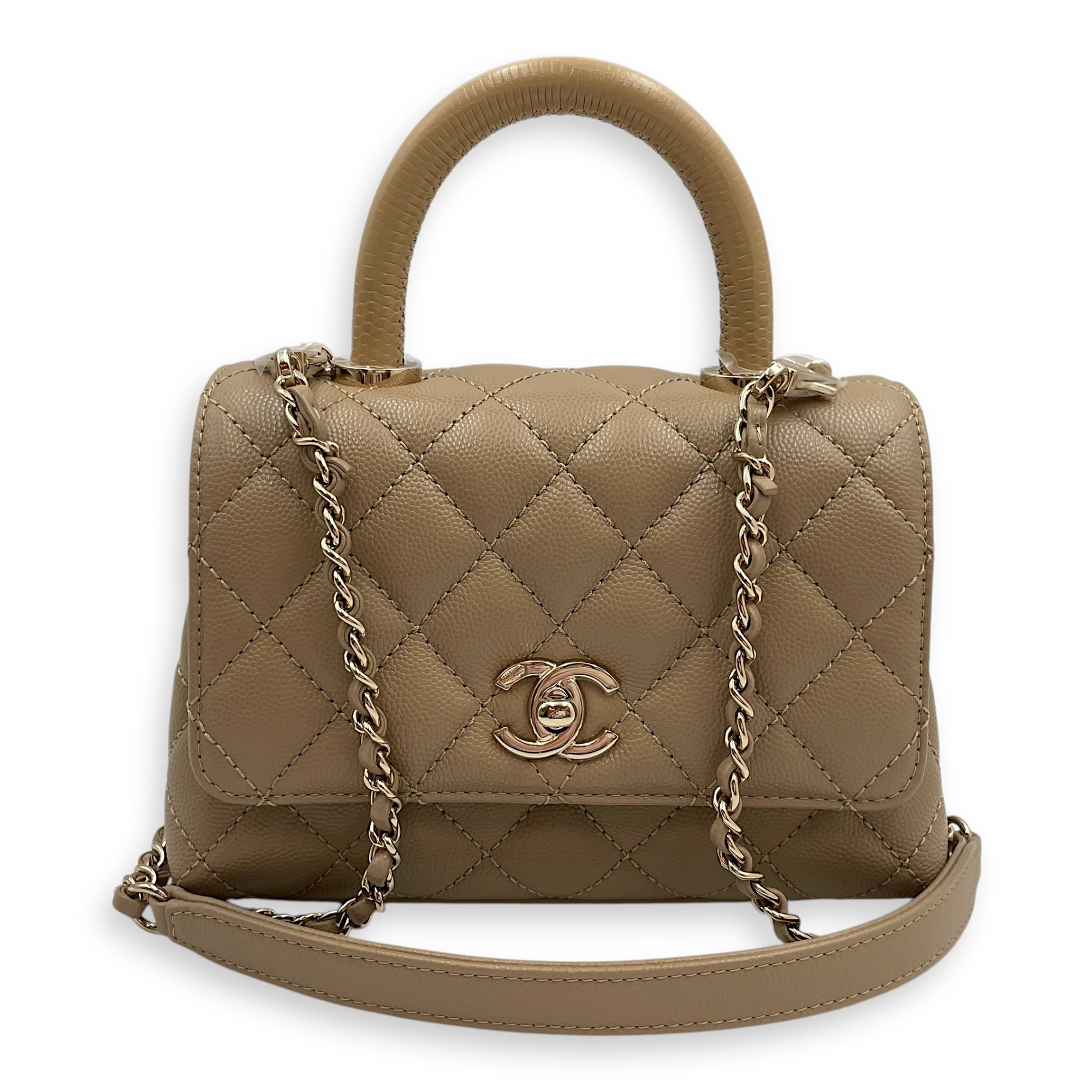 Quilted Coco  Mini Beige Top Handle Bag in Caviar Leather Gold hardware CL2504-11923 7