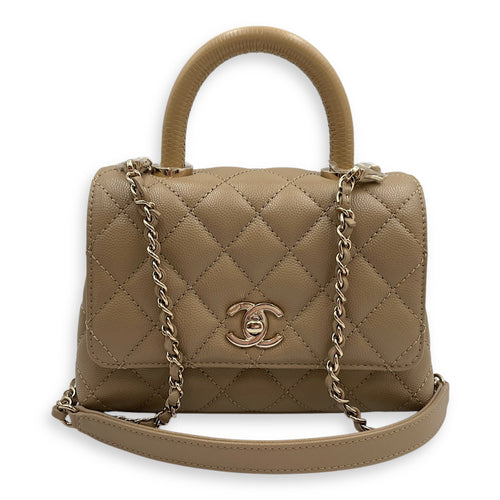 Quilted Coco  Mini Beige Top Handle Bag in Caviar Leather Gold hardware CL2504-11923 7