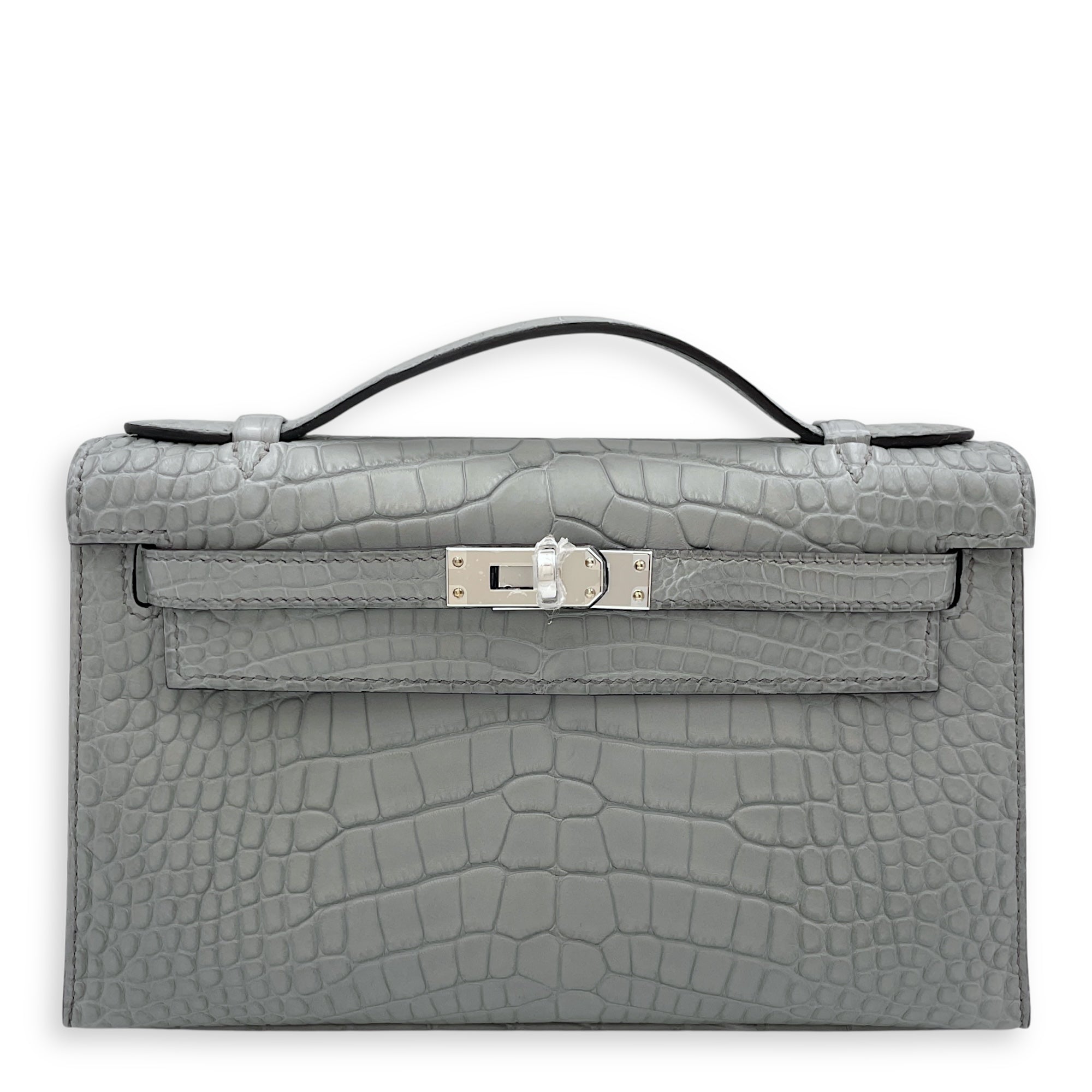 Kelly Pochette Gris Ciment in Matte Alligator, Palladium hardware