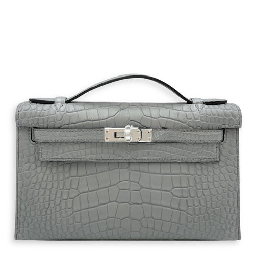 Kelly Pochette Gris Ciment in Matte Alligator, Palladium hardware