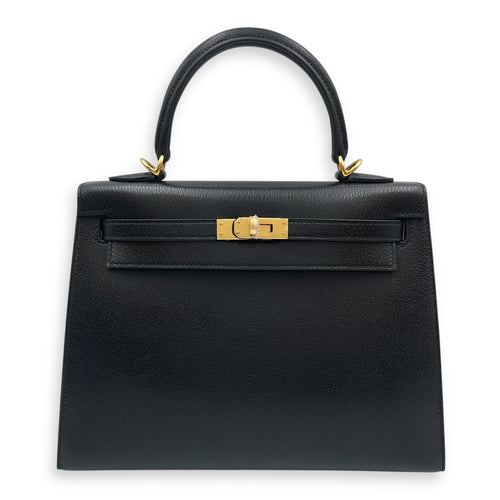 Sellier Kelly 25 Black in Chevre Chamkila, Gold hardware