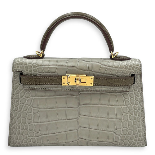 HSS Sellier Kelly 20 Gris Perle/Gris Elephant in Matte Alligator, Gold hardware