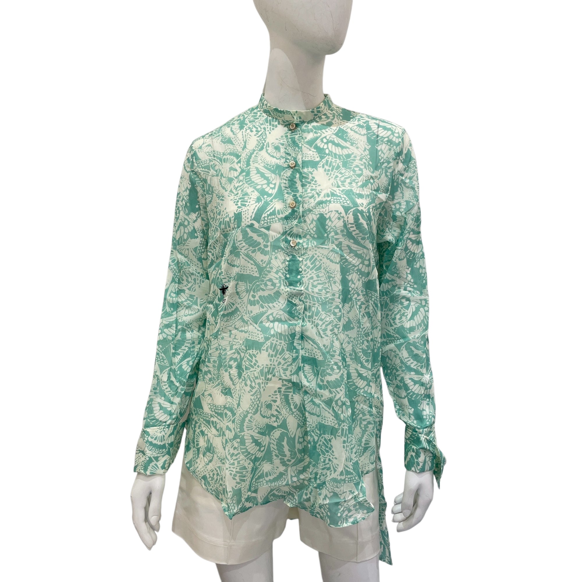 Butterfly Motif 34 Green Long-sleeved blouse in Cotton muslin