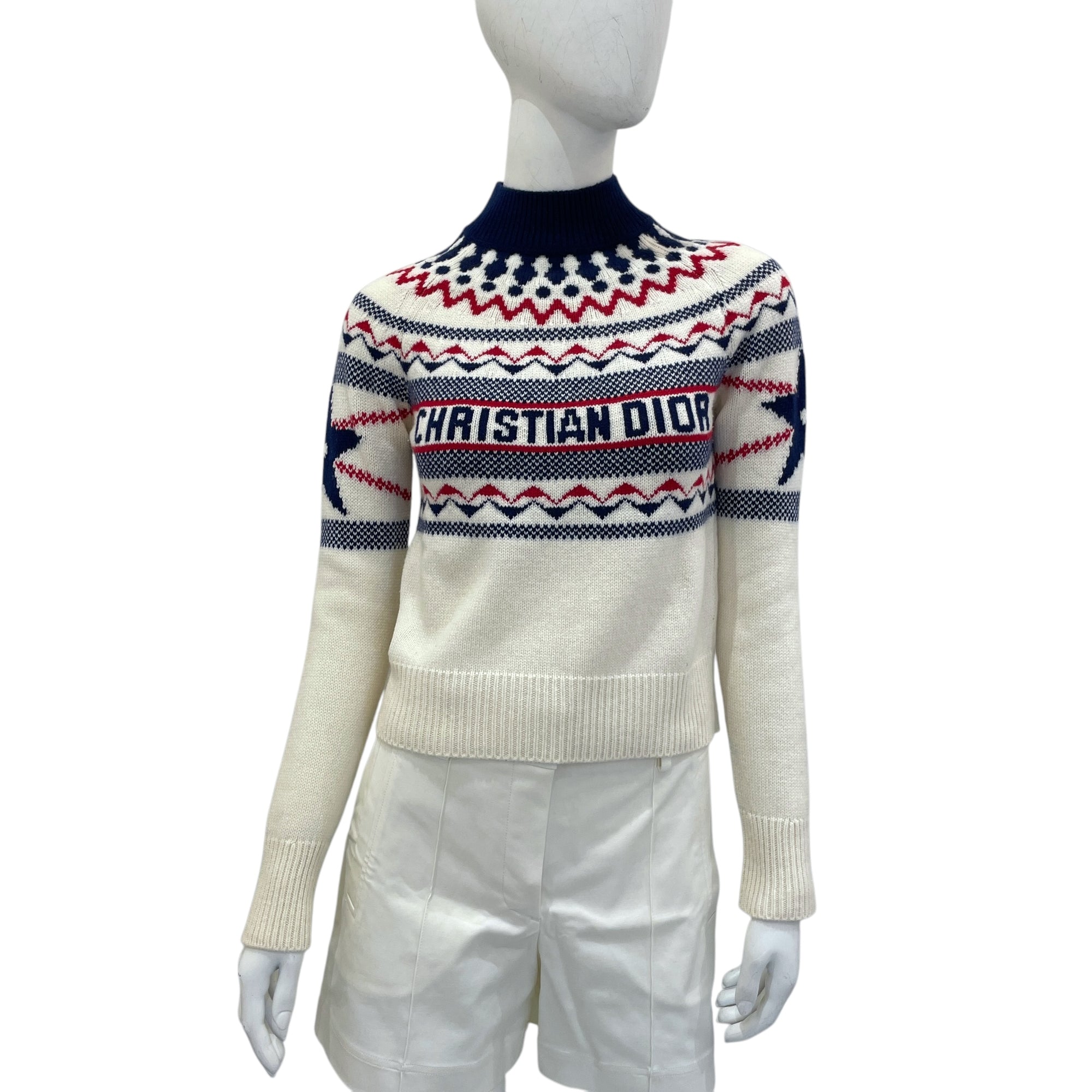 Diorapls Fairisle 34 White, Blue, Red Sweater in Wool, Cashmere