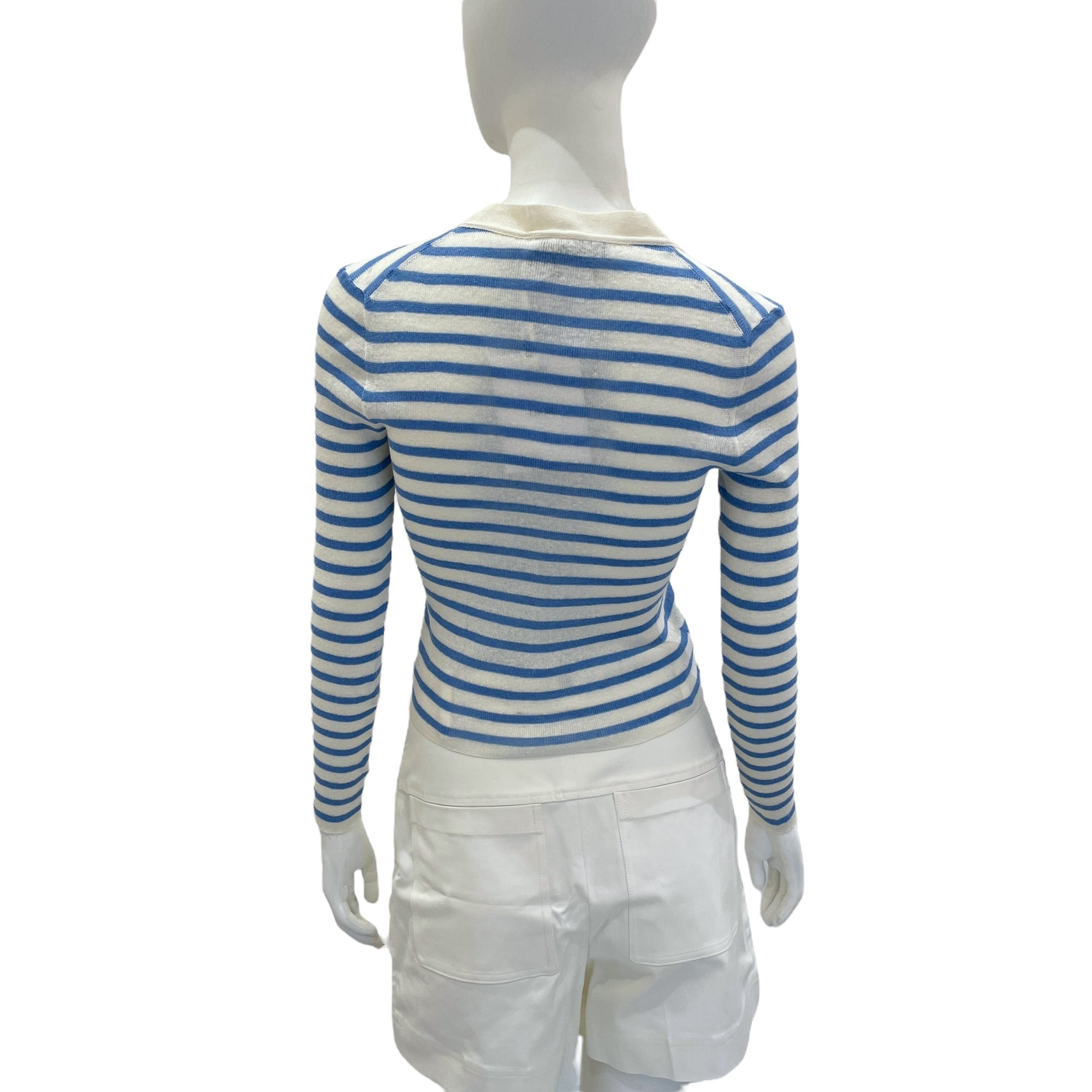 Striped Knit 34 Bleu/Ecru Long-Sleeved Cardigan in Cashmere, Linen, Silk, Gold hardware