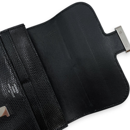 Constance Compact Black Wallet in Lizard Varanus Niloticus, Palladium hardware