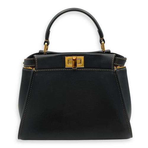 Peekaboo with Interior Tiger Print Small Black Top Handle Bag in Calfskin, Gold hardware