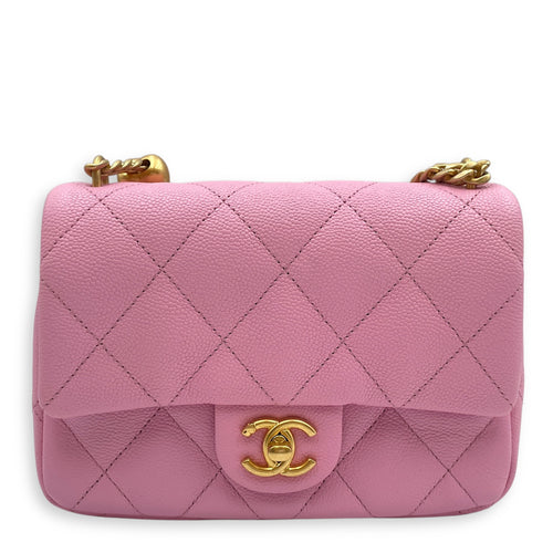 23P Quilted Flap Mini Pink Shoulder Bag in Caviar Leather, Gold hardware