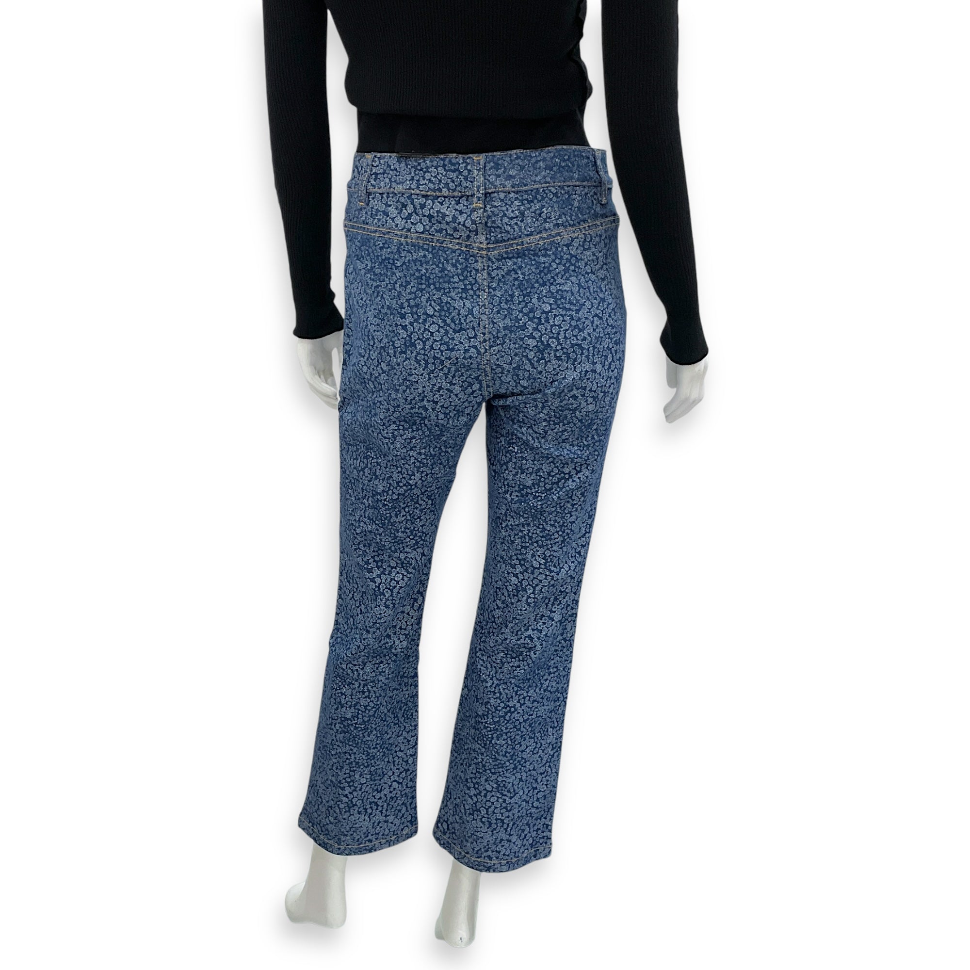 21B CC Logo & Camellia Print 38 Blue Stretch Jeans in Cotton, Elastane, Ruthenium-finish Brass hardware