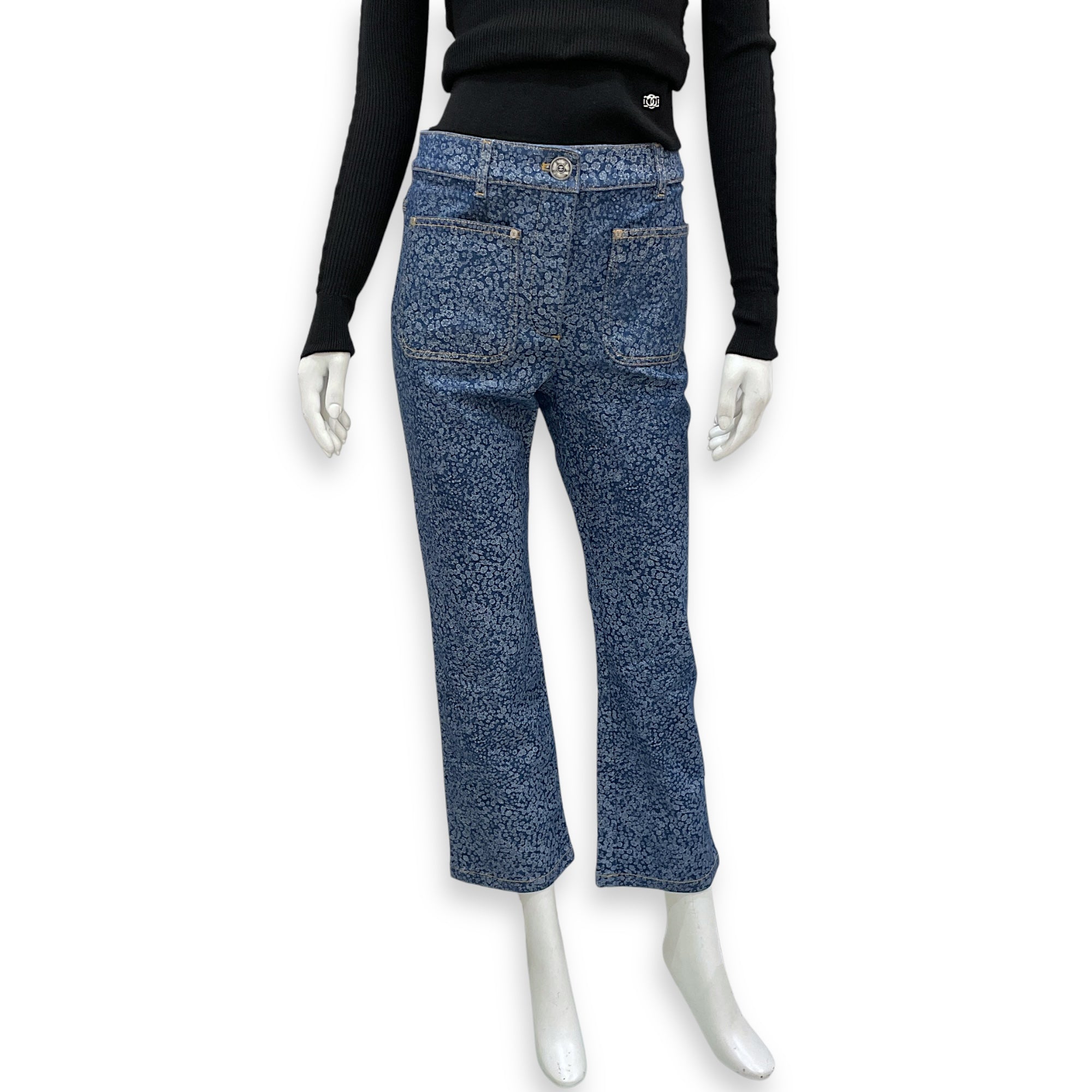 21B CC Logo & Camellia Print 38 Blue Stretch Jeans in Cotton, Elastane, Ruthenium-finish Brass hardware