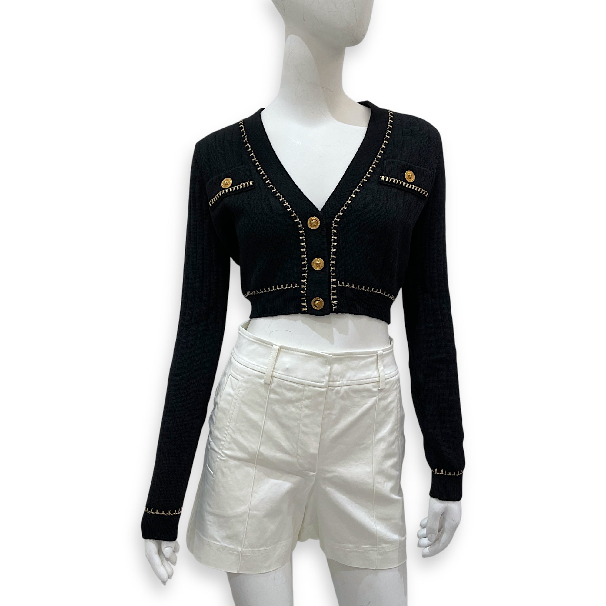 Versace Cropped Ribbed Wool-Blend 36 Black Cardigan in Wool, Fibres, Gold hardware