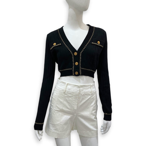 Versace Cropped Ribbed Wool-Blend 36 Black Cardigan in Wool, Fibres, Gold hardware