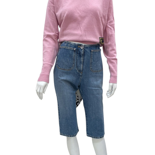 21C 36 Blue Bermuda Shorts with CC & Clover Print Scarf in Cotton, Silk Scarf, Silver hardware