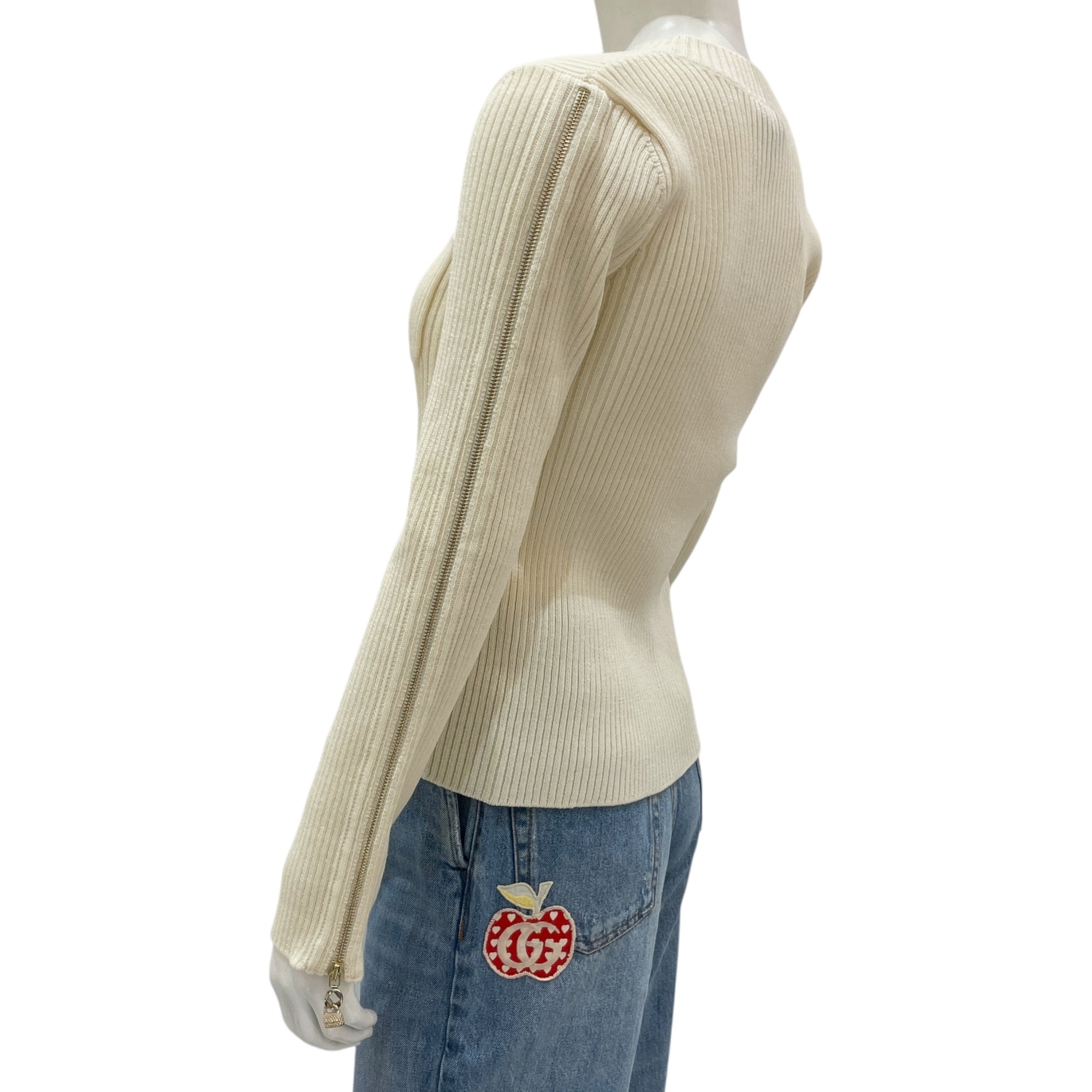Double Front Pocket with Handbag Charm 36 Beige Long-Sleeved Pullover in Wool, Polyamide, Polyurethane, Gold hardware