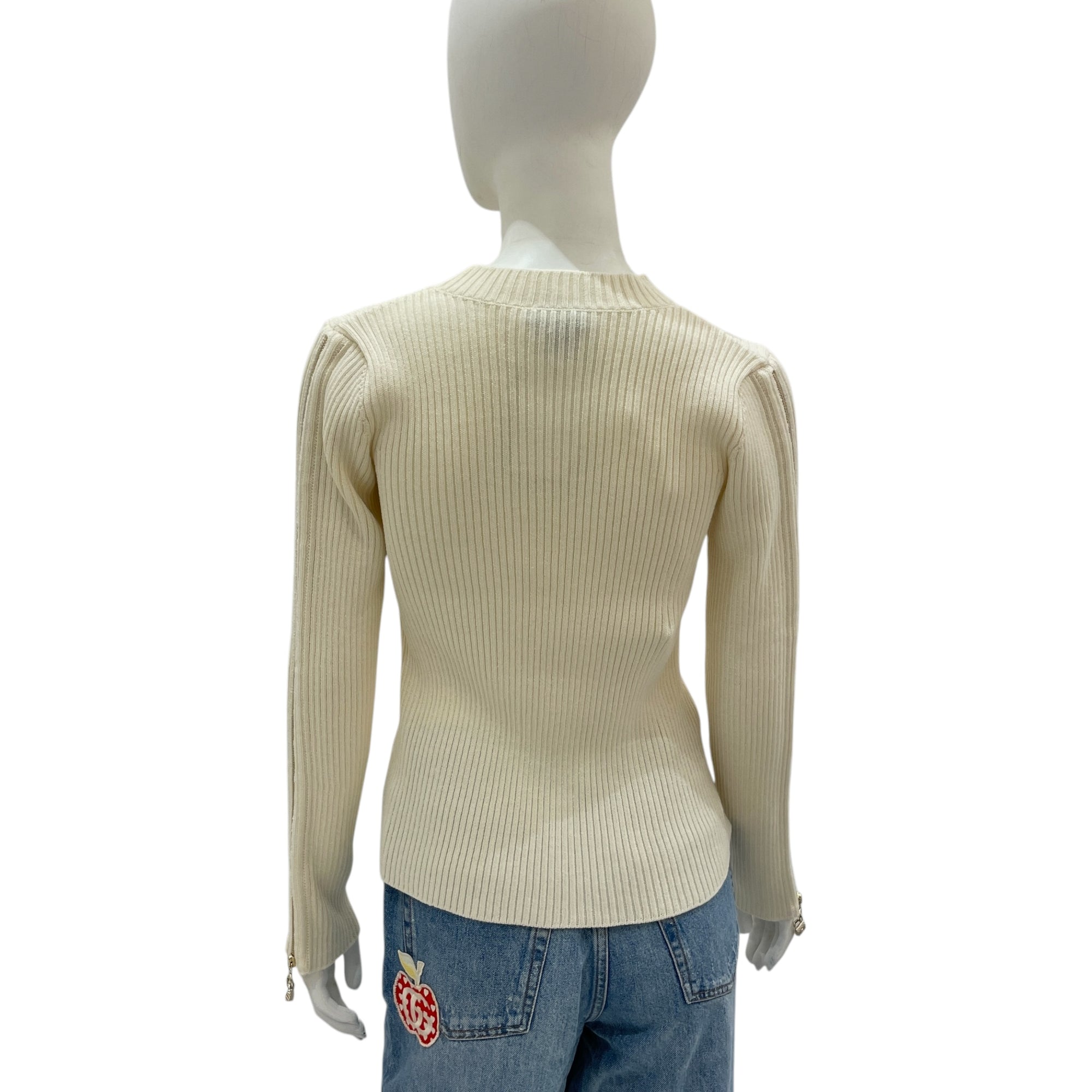 Double Front Pocket with Handbag Charm 36 Beige Long-Sleeved Pullover in Wool, Polyamide, Polyurethane, Gold hardware