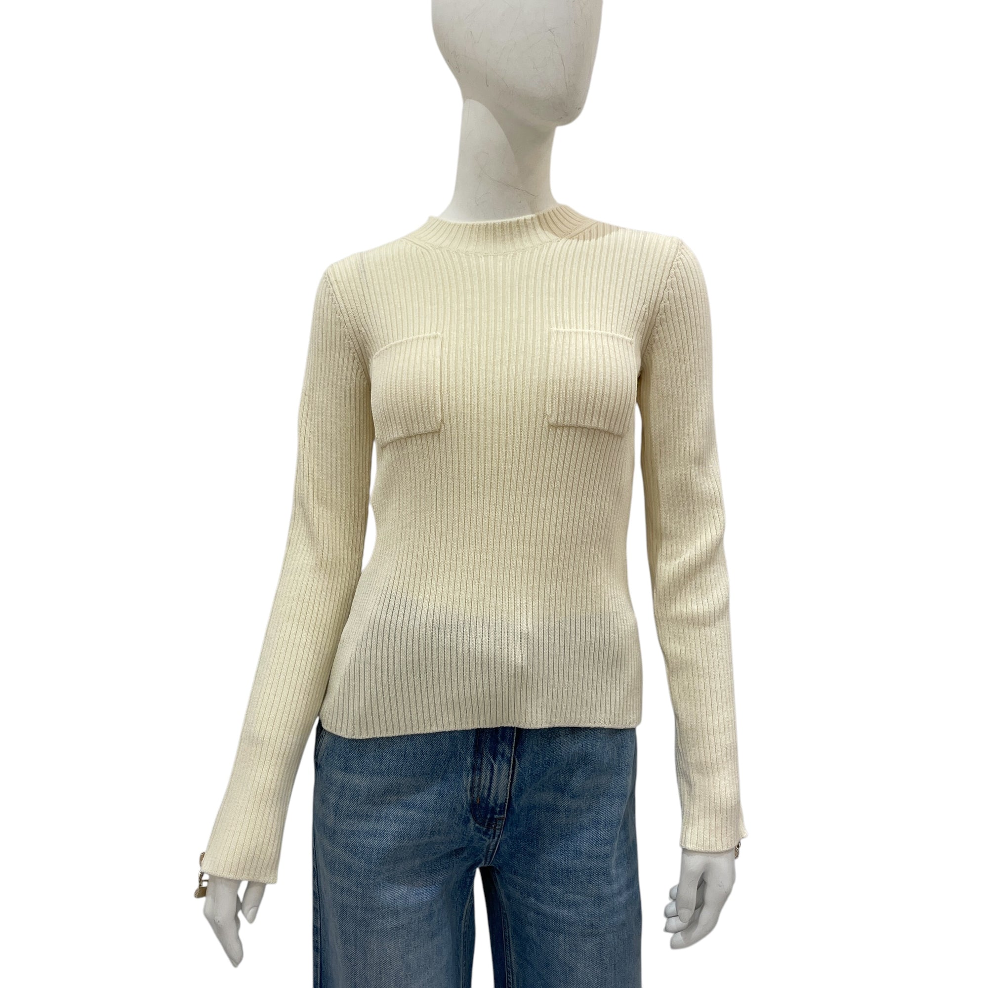Double Front Pocket with Handbag Charm 36 Beige Long-Sleeved Pullover in Wool, Polyamide, Polyurethane, Gold hardware