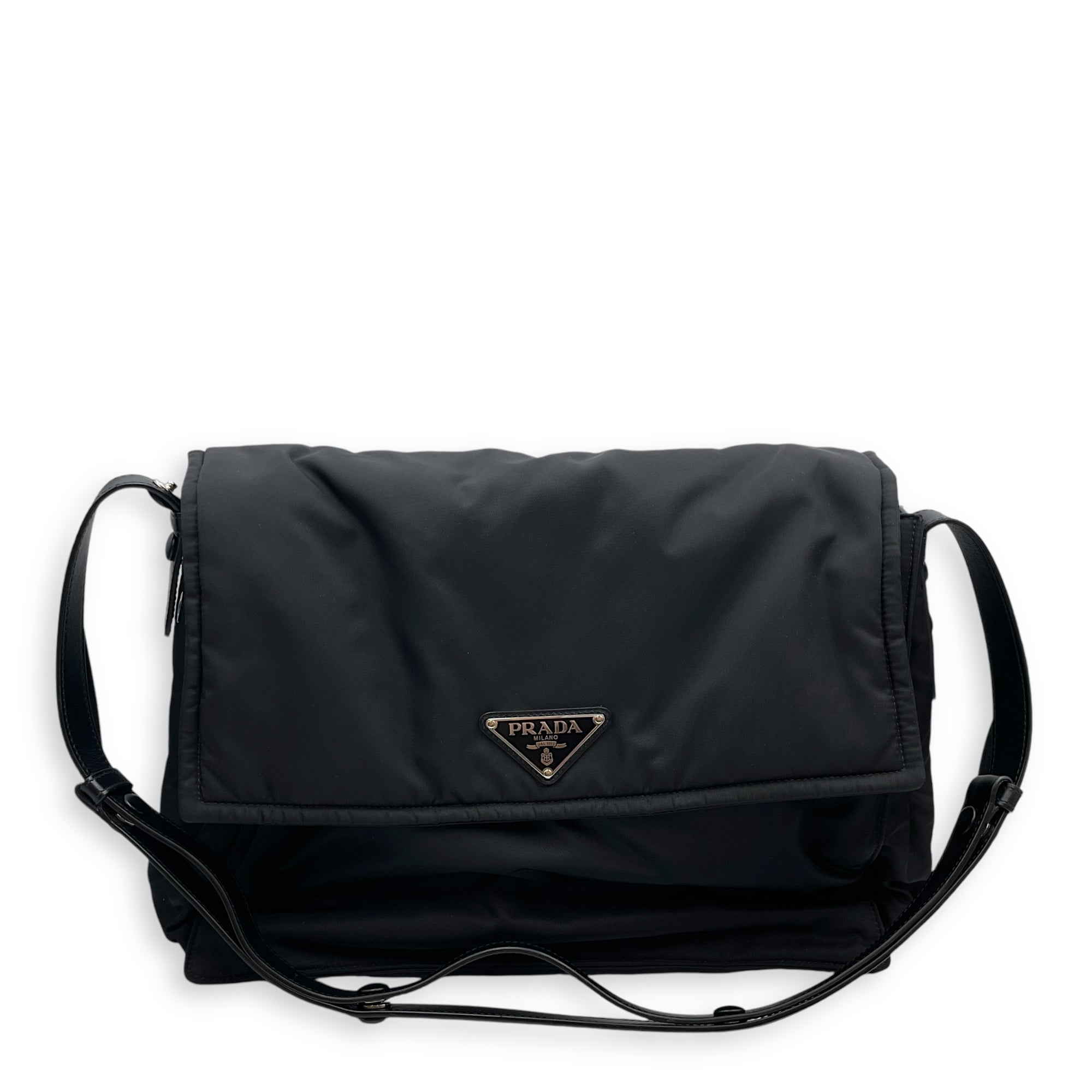 Nylon Large Black Messenger Bag , Silver hardware