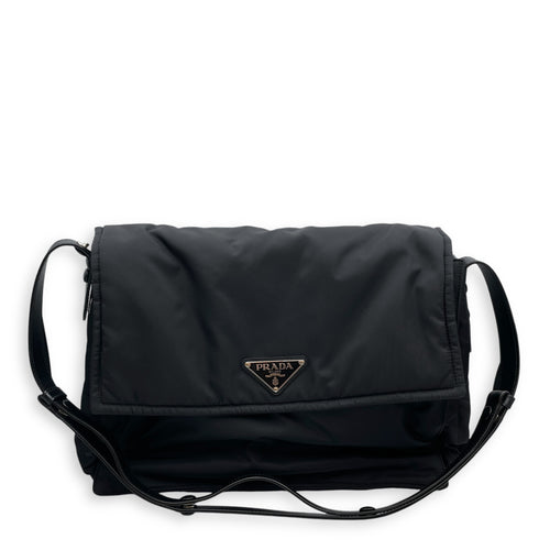 Nylon Large Black Messenger Bag , Silver hardware