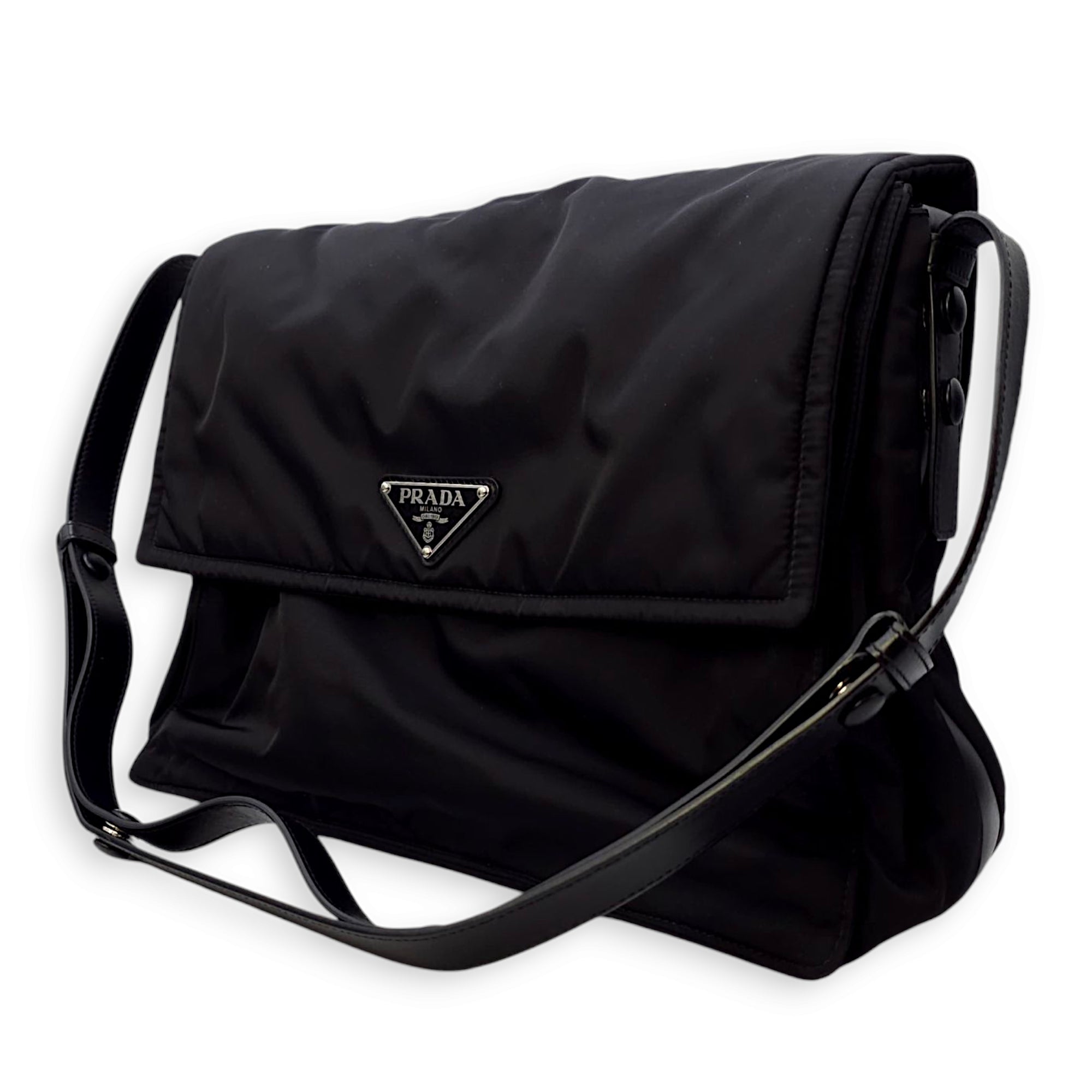 Nylon Large Black Messenger Bag , Silver hardware