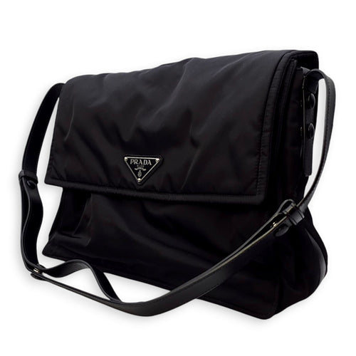 Nylon Large Black Messenger Bag , Silver hardware