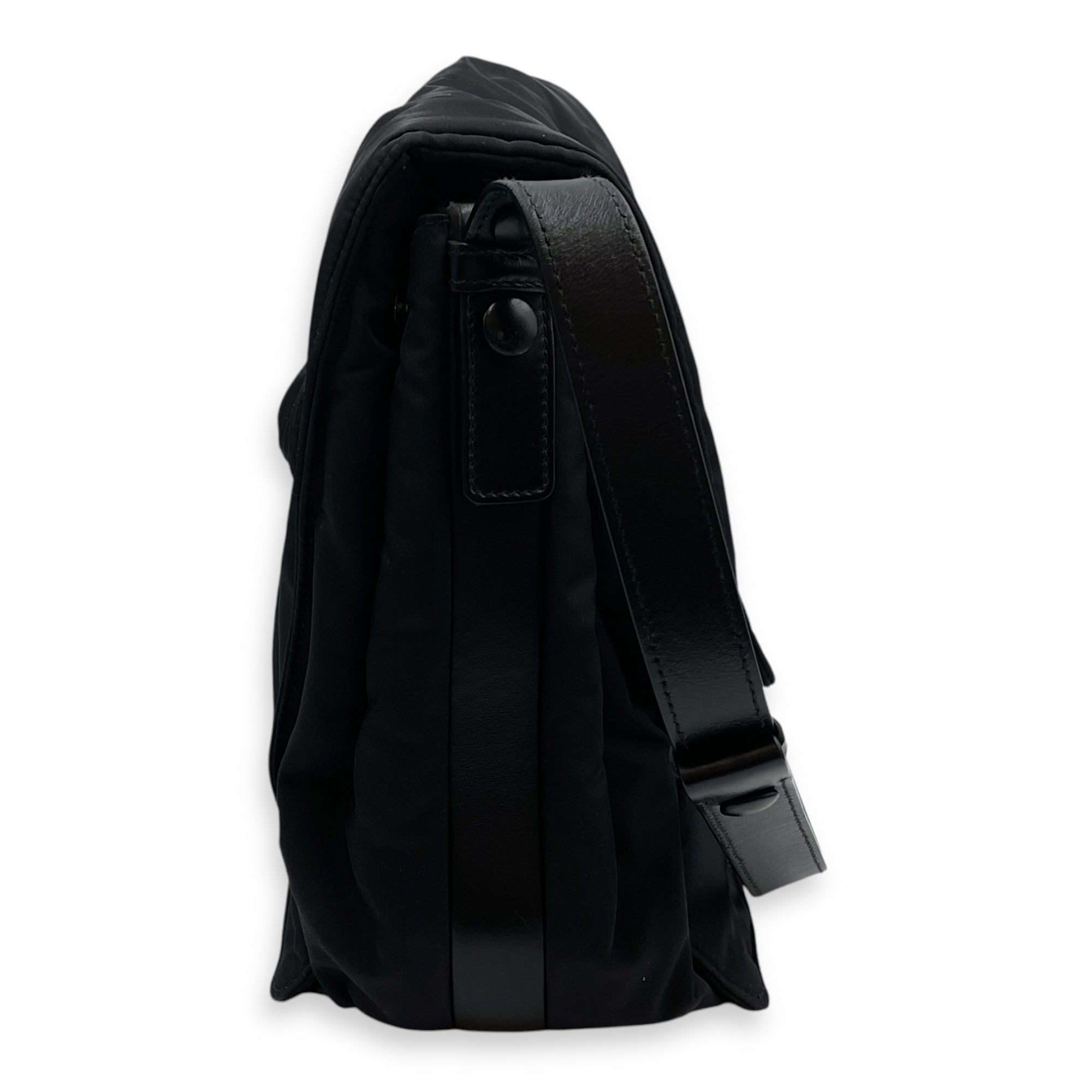 Nylon Large Black Messenger Bag , Silver hardware