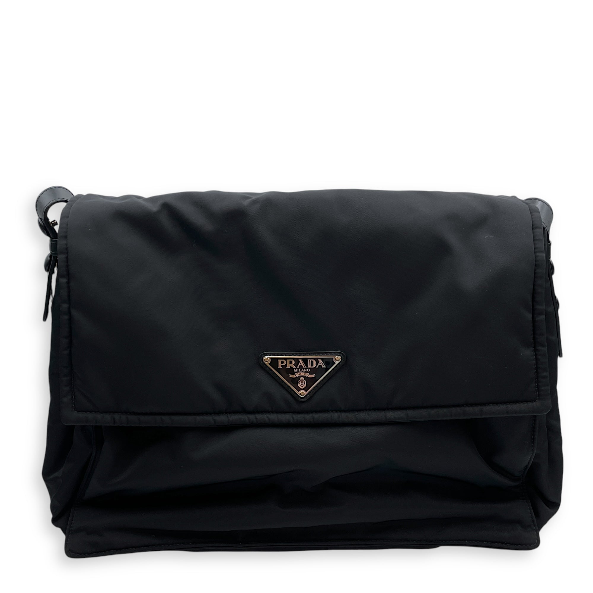 Nylon Large Black Messenger Bag , Silver hardware