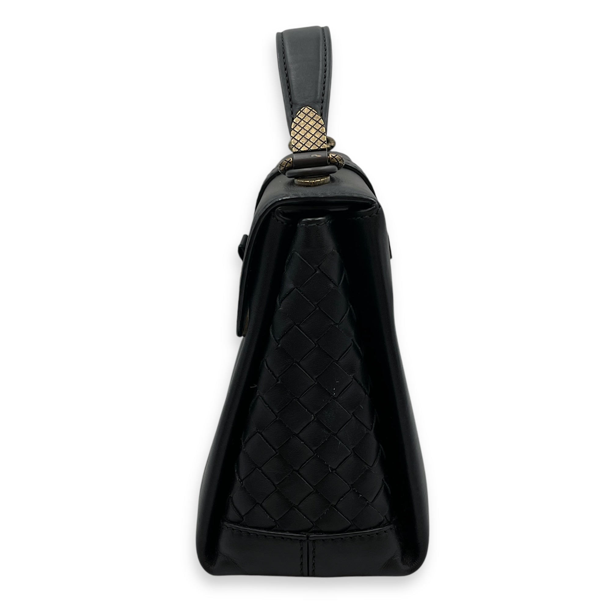 Nappa Intrecciato Piazza Medium Black Top Handle Bag in Nappa Leather, Black/Gold and Brunito Hardware hardware