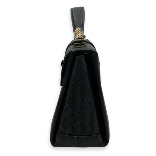 Nappa Intrecciato Piazza Medium Black Top Handle Bag in Nappa Leather, Black/Gold and Brunito Hardware hardware