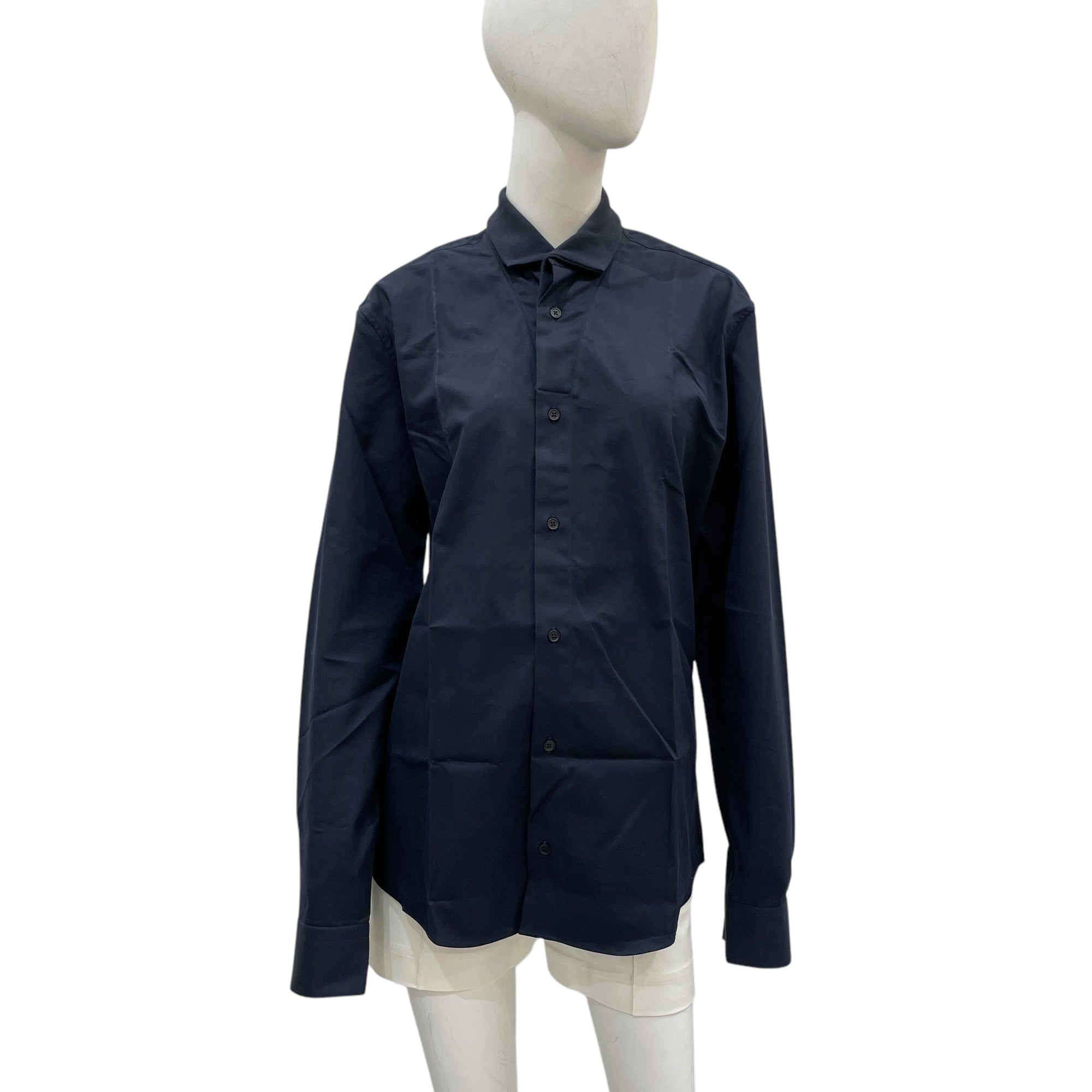 Men's 15/38 Navy Shirt with Ribbed Collar in Cotton