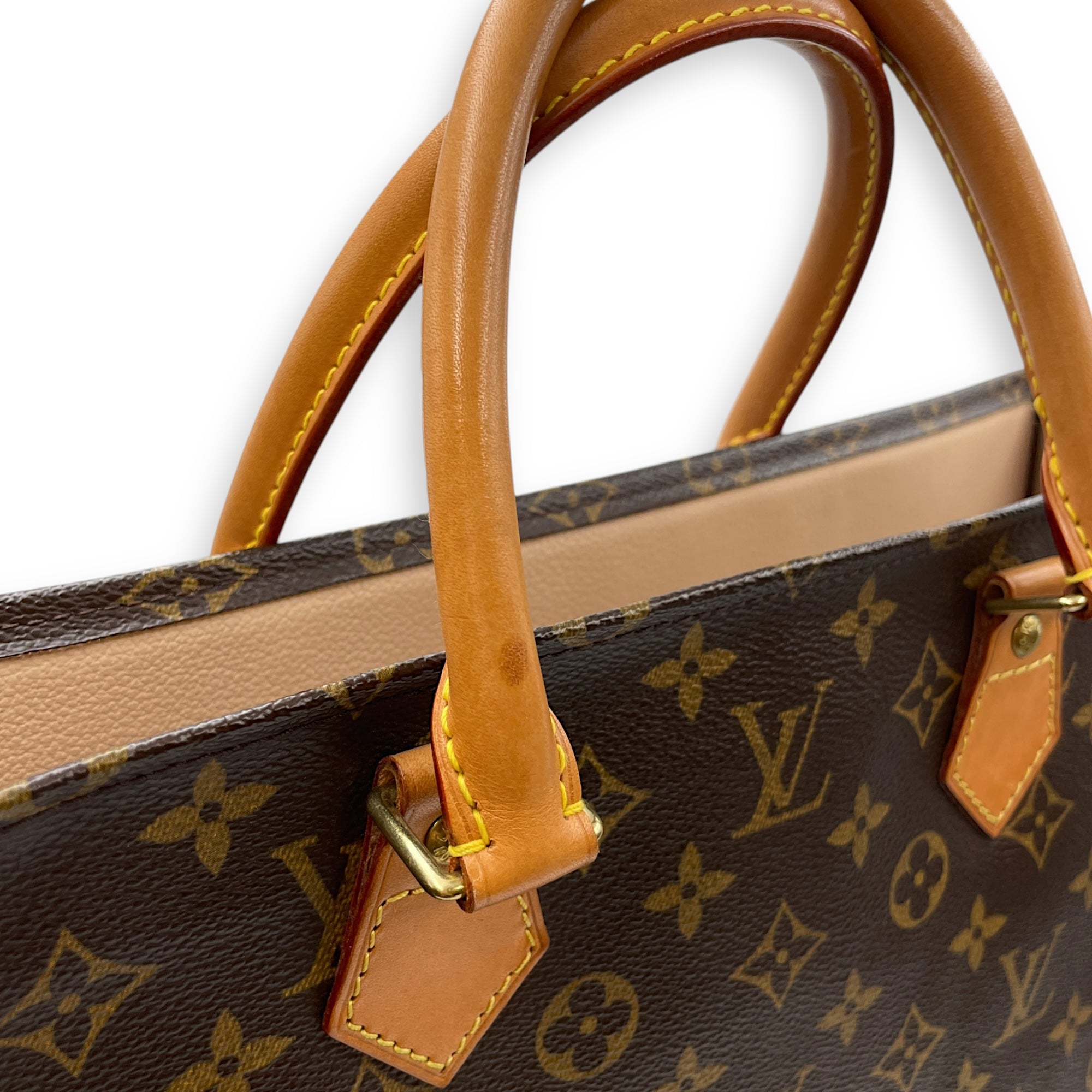 Sac Plat Brown Monogram Top Handle Bag in Coated Canvas, Gold hardware