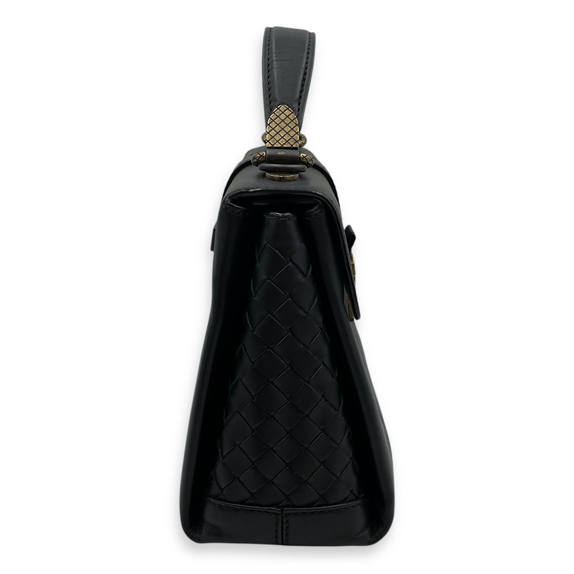 Nappa Intrecciato Piazza Medium Black Top Handle Bag in Nappa Leather, Black/Gold and Brunito Hardware hardware