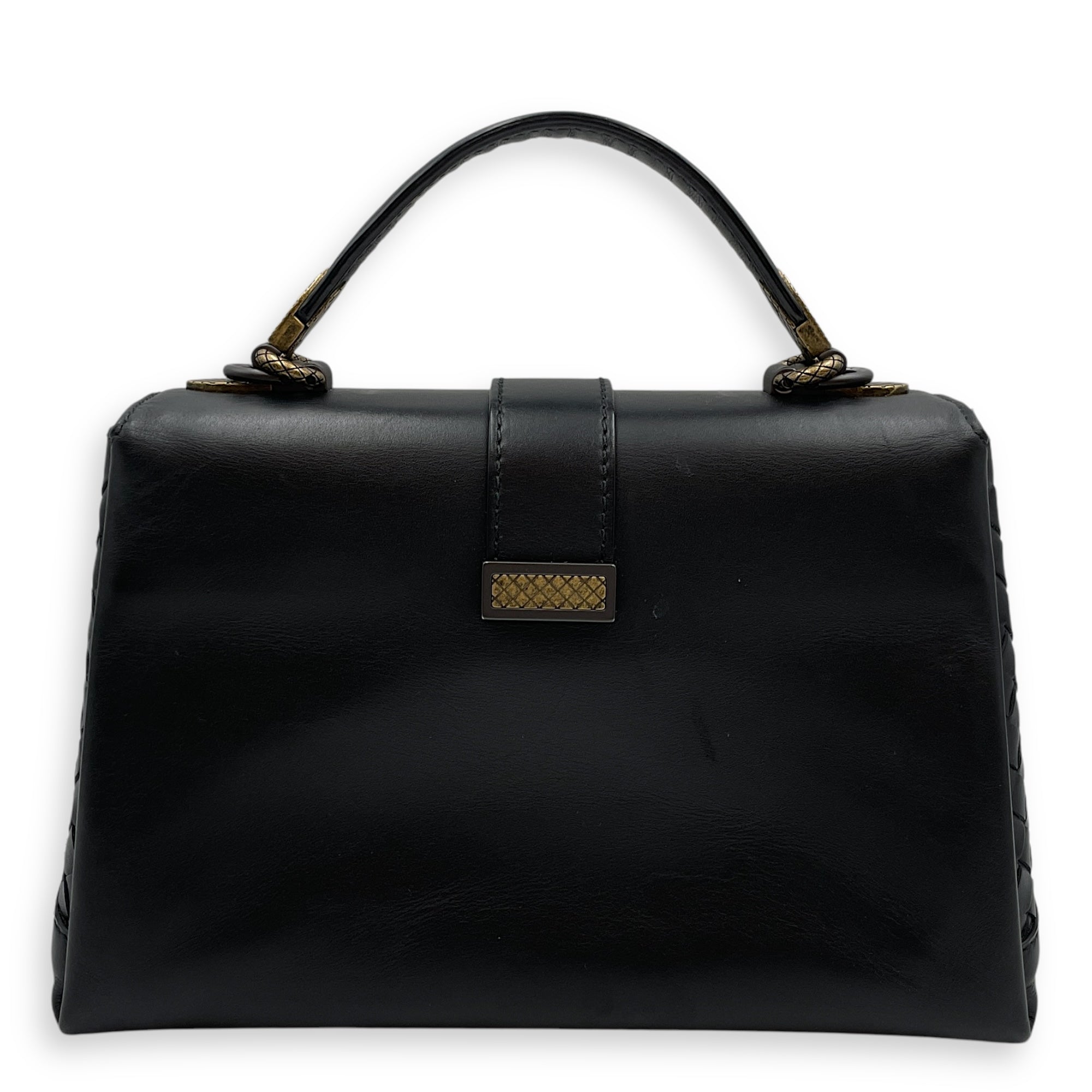 Nappa Intrecciato Piazza Medium Black Top Handle Bag in Nappa Leather, Black/Gold and Brunito Hardware hardware