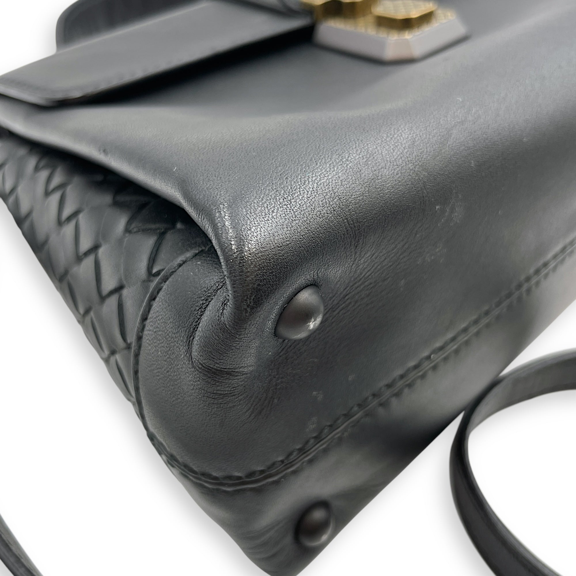 Nappa Intrecciato Piazza Medium Black Top Handle Bag in Nappa Leather, Black/Gold and Brunito Hardware hardware