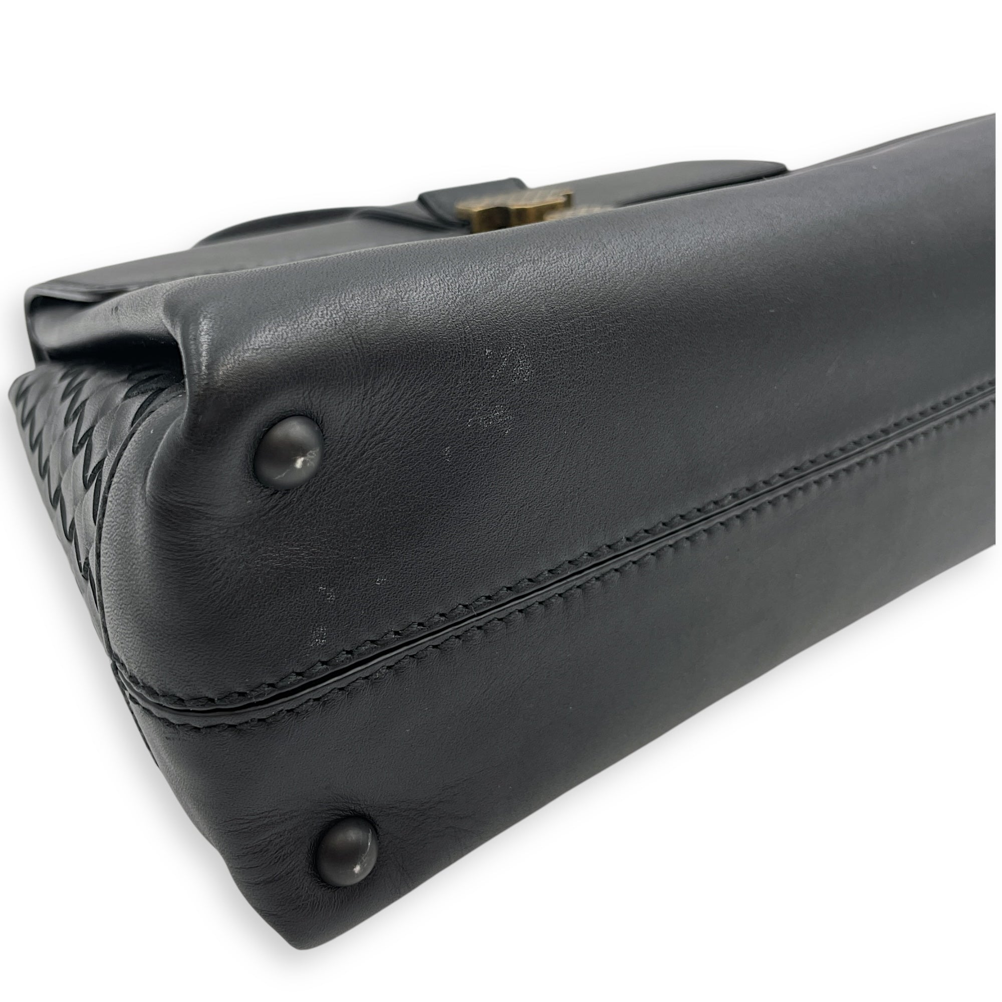 Nappa Intrecciato Piazza Medium Black Top Handle Bag in Nappa Leather, Black/Gold and Brunito Hardware hardware