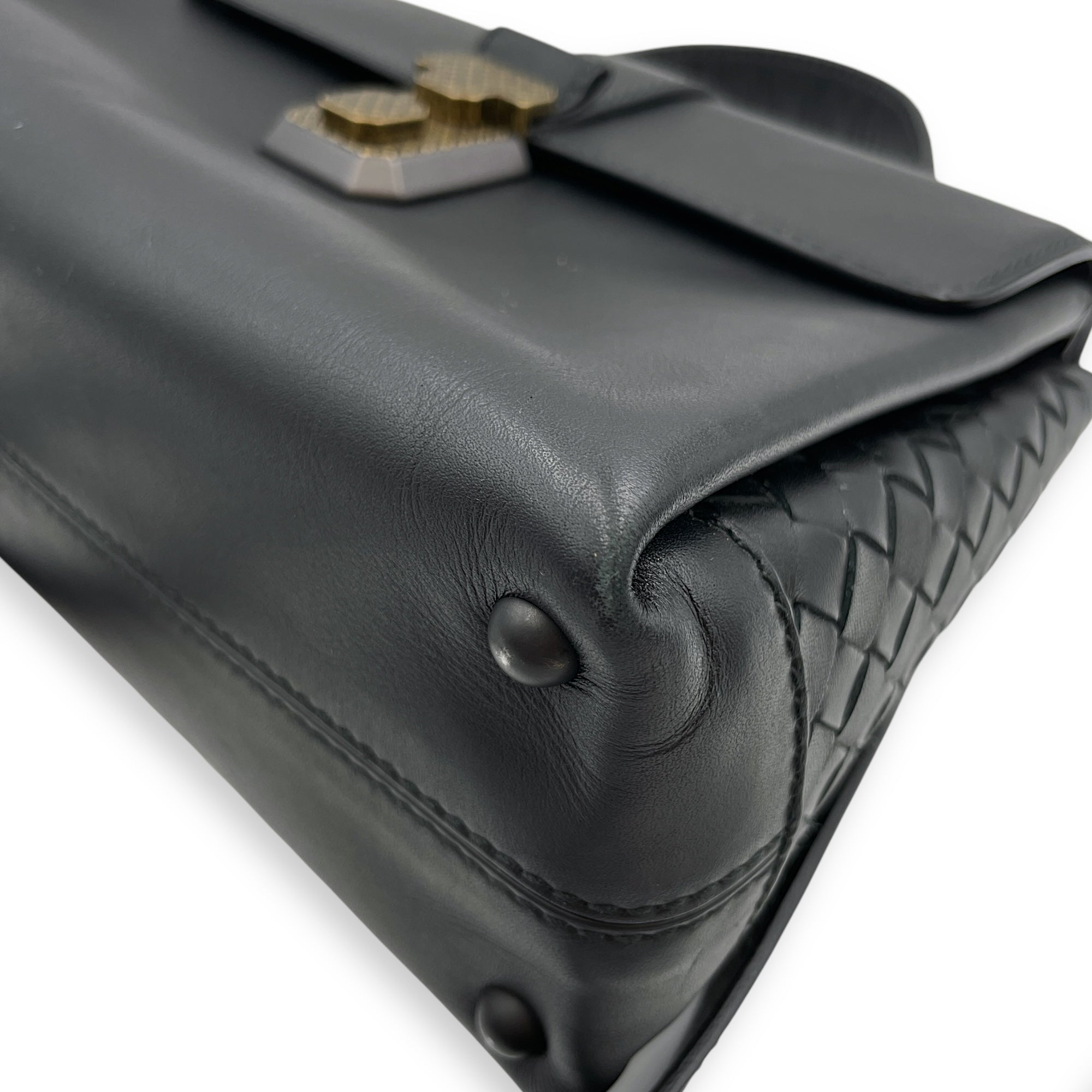 Nappa Intrecciato Piazza Medium Black Top Handle Bag in Nappa Leather, Black/Gold and Brunito Hardware hardware