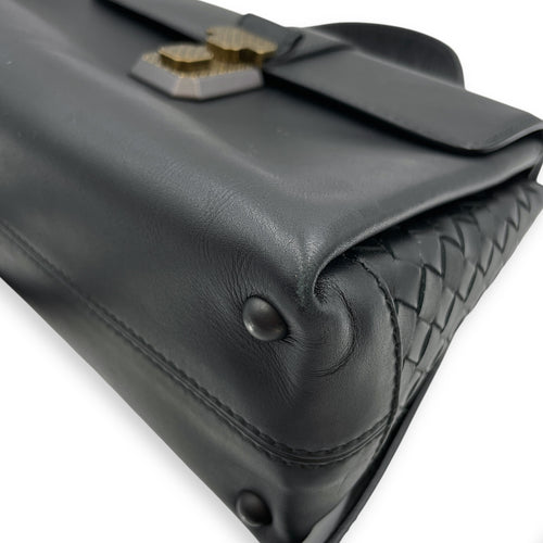 Nappa Intrecciato Piazza Medium Black Top Handle Bag in Nappa Leather, Black/Gold and Brunito Hardware hardware